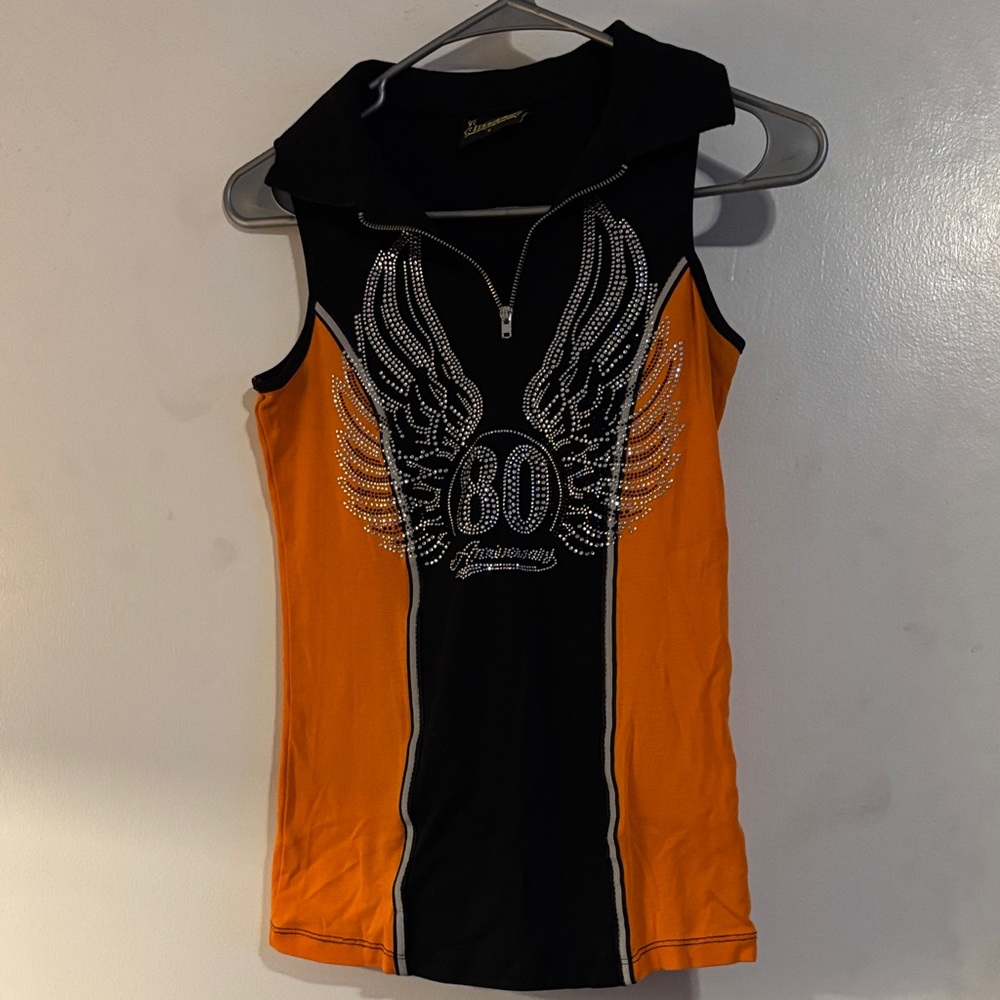 Embellished Black and Orange Winged Tank Top